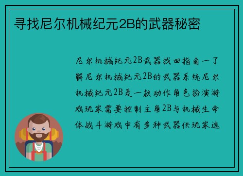 寻找尼尔机械纪元2B的武器秘密